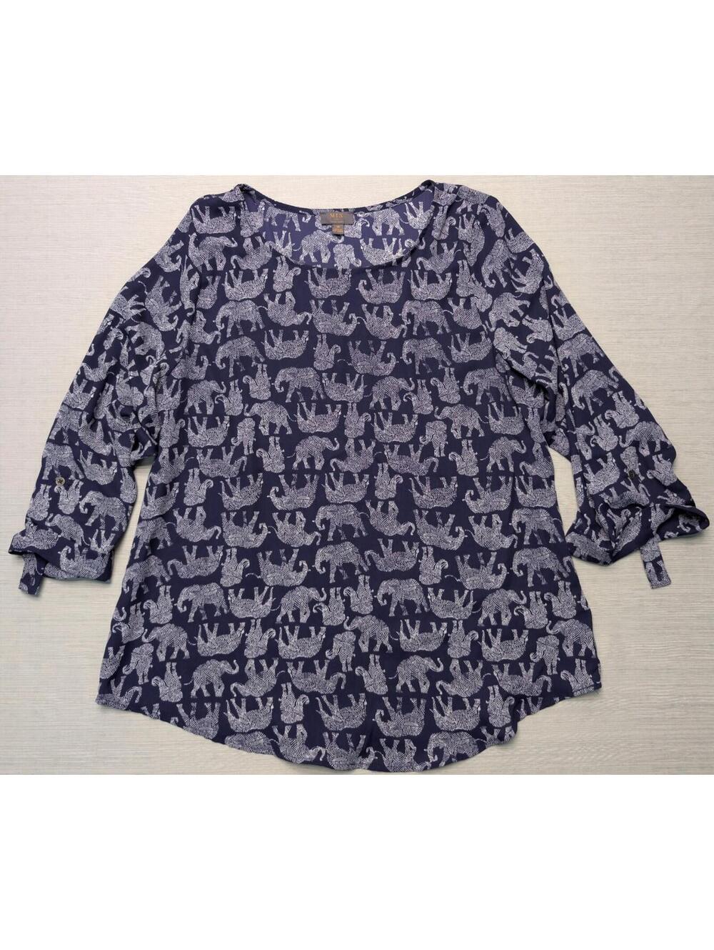 Mix by 41 Hawthorn Navy Blue Elephant Print Long Roll Tab Sleeve Top Medium